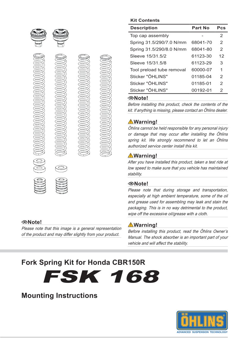 สปริงโช้คหน้า Ohlins FSK168 For Honda CBR150R 2022