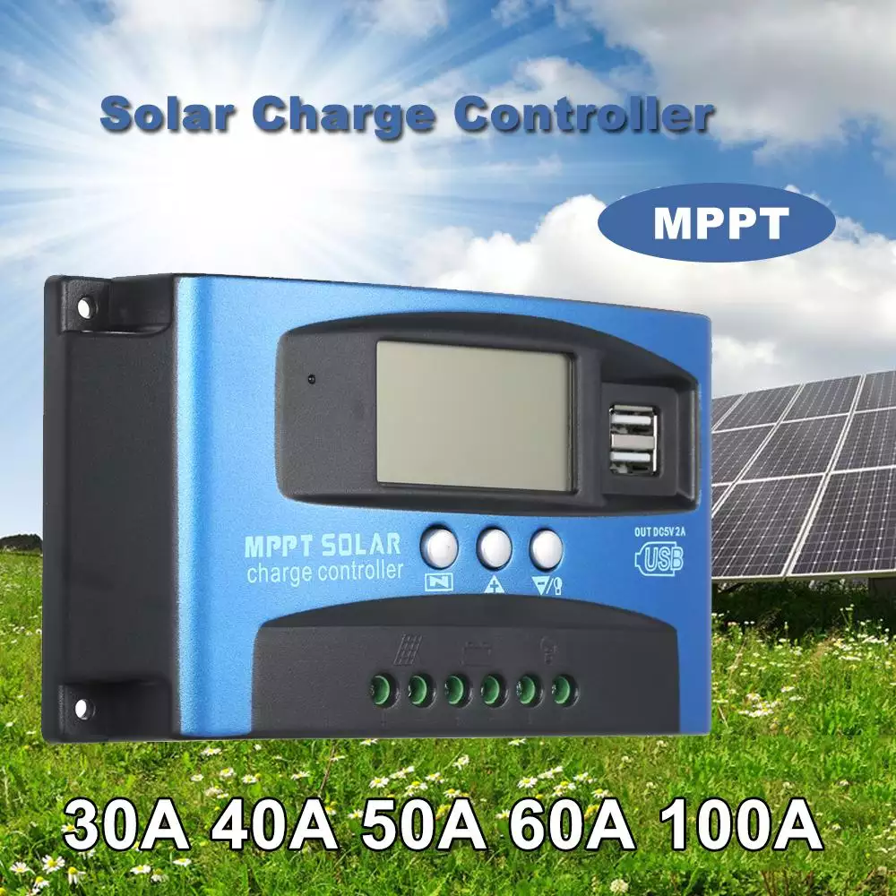 เครื่องควบคุมการชาร์จแบตเตอรี่ด้วยโซล่าเซล/100A MPPT Solar Charge Controller Dual USB LCD Display Auto Solar Cell Panel Charger Regulator
