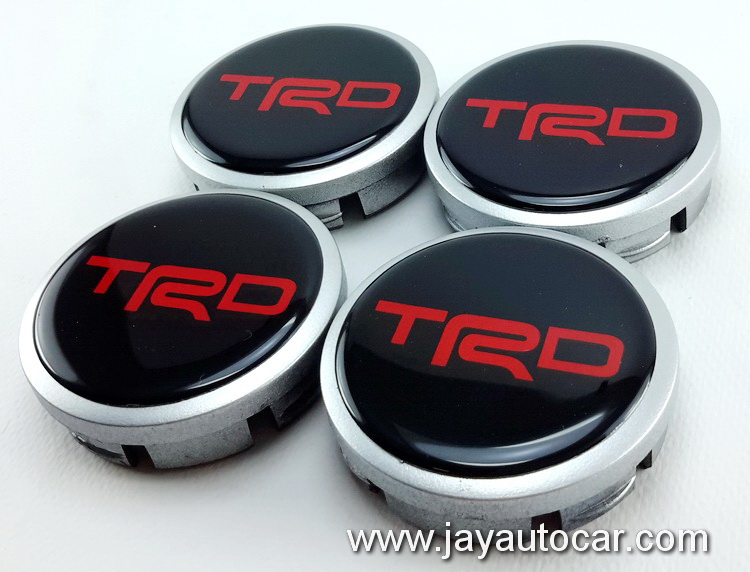 ฝาล้อรถยนต์ TOYOTA สำหรับ ล้อแม็ก สติ๊กเกอร์ TRD ตัวหนังสือสีแดงพื้นดำ ขนาด 56 มิล 1ชุด 4ชิ้น 56mm.