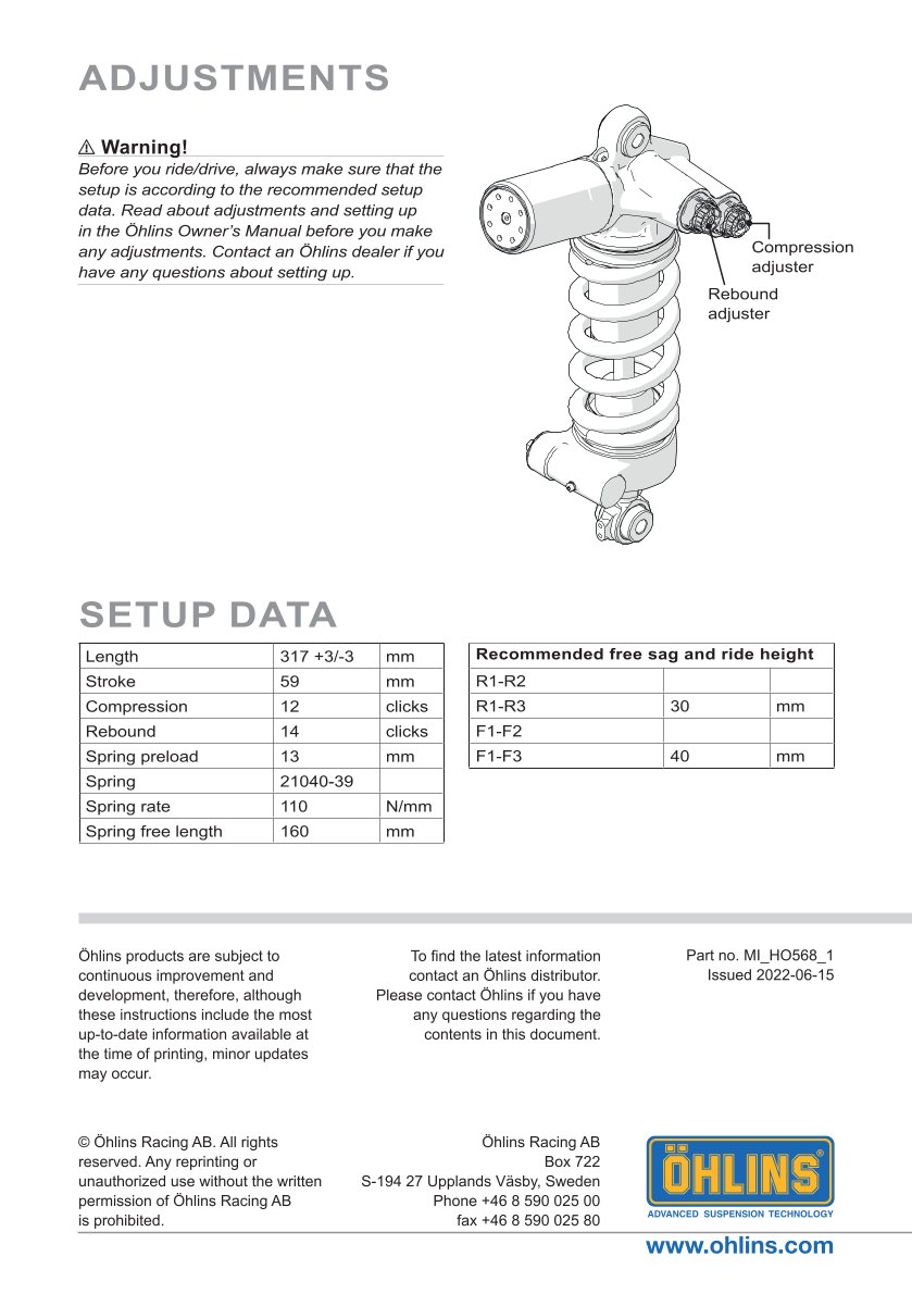 โช๊คหลังแต่ง Ohlins HO568 For Honda CBR1000RR-R SP (Öhlins FL 941) ปี 2020-2023
