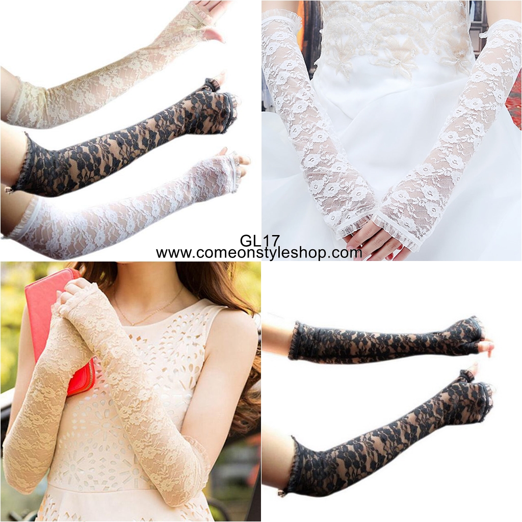 ถุงมือผ้าลูกไม้เปิดน้ิว ขนาดยาว16นิ้ว คุณภาพดี เซ็กซ์ซี่ วินเทจ แกสบี้ ถุงมือเจ้าสาว ออกงาน การแสดง ปาร์ตี้