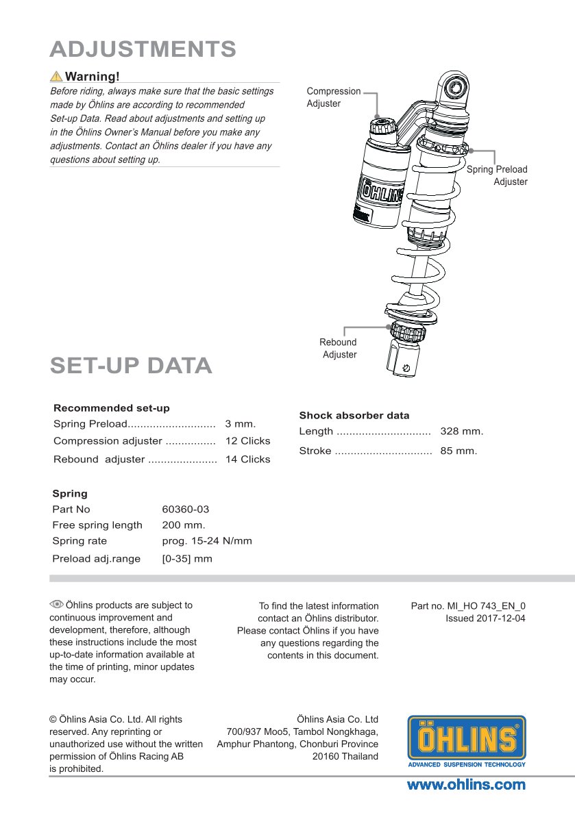 โช๊คหลังแต่ง Ohlins HO743 For Honda Air Blade 125/150 ปี 2017-2018