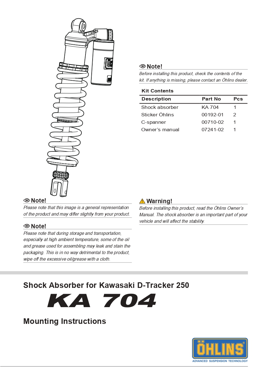 โช๊คหลังแต่ง Ohlins KA704 For Kawasaki KLX 250 D Tracker ปี 2013-2019