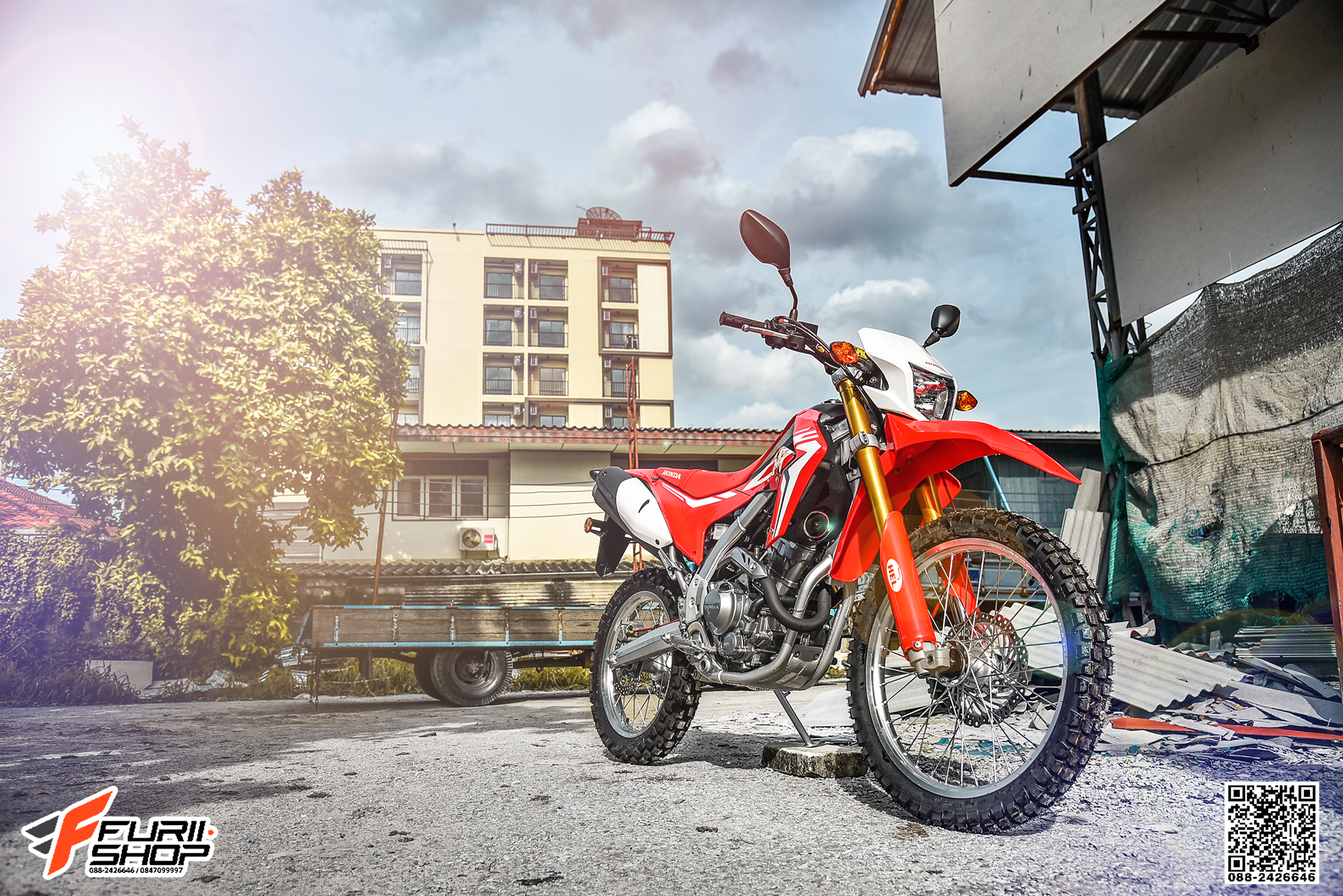 สายHEL HONDA CRF250 เดินทางเดิม หน้า-หลัง สายสีแดง หัวเบนโจสีเงิน