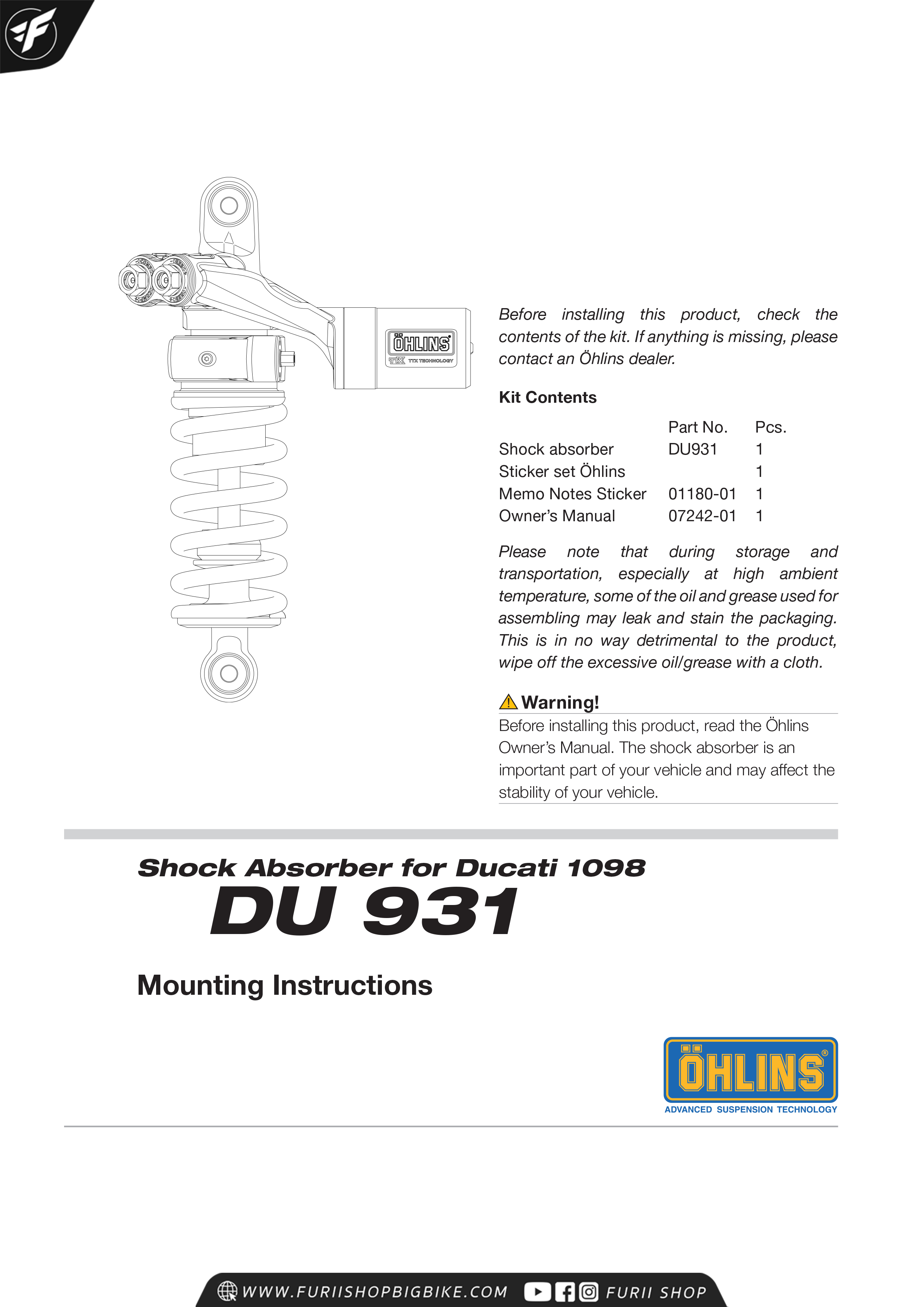 โช๊คหลัง OHLINS Sweden DU931 For Ducati 848/1098/1198