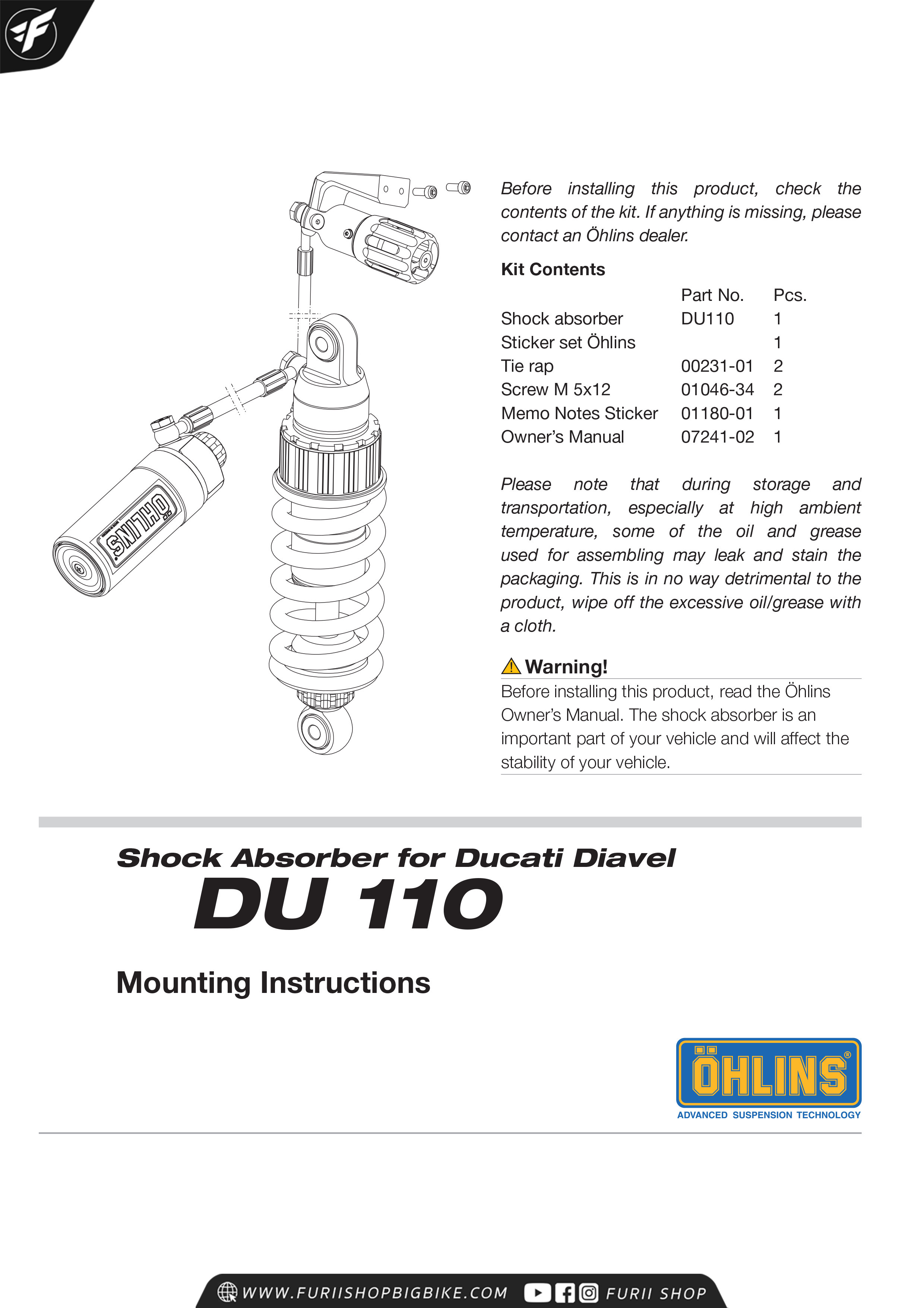 โช๊คหลัง OHLINS Sweden DU110 For Ducati Diavel 2011-2017