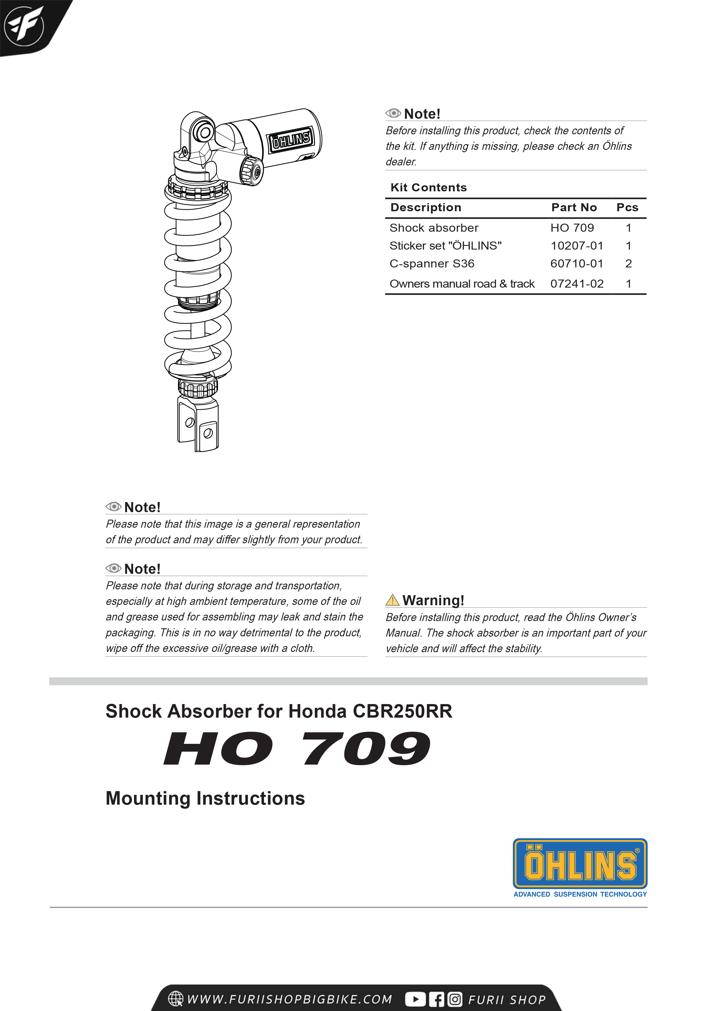 โช้คหลัง OHLINS HO709 FOR Honda CBR250RR 2017-2018
