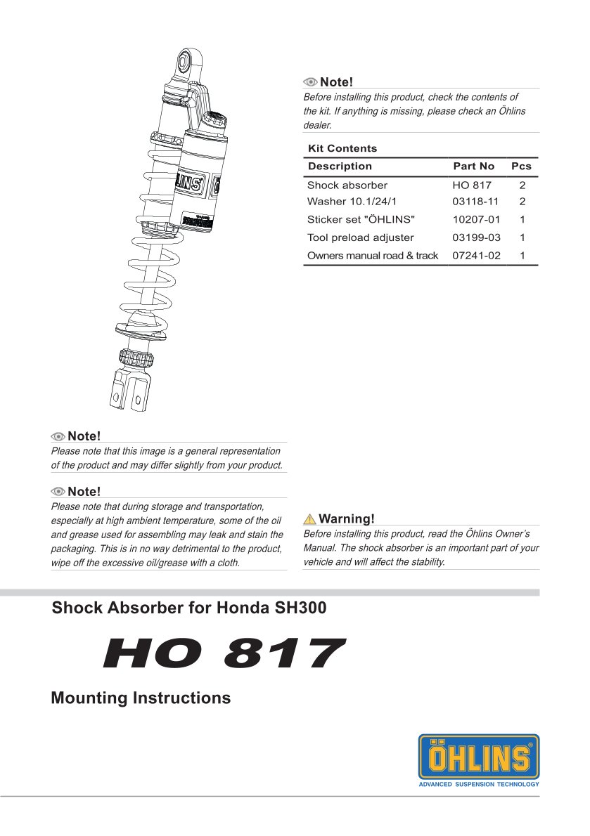 โช๊คหลังแต่ง Ohlins HO817 For Honda SH 300 ปี 2017-2020
