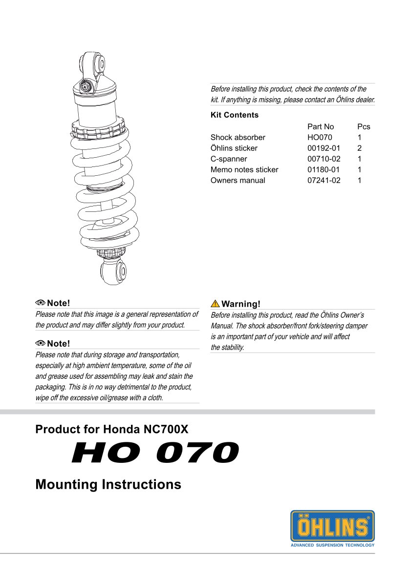 โช๊คหลังแต่ง Ohlins HO070 For Honda NC700X ปี 2012-2013