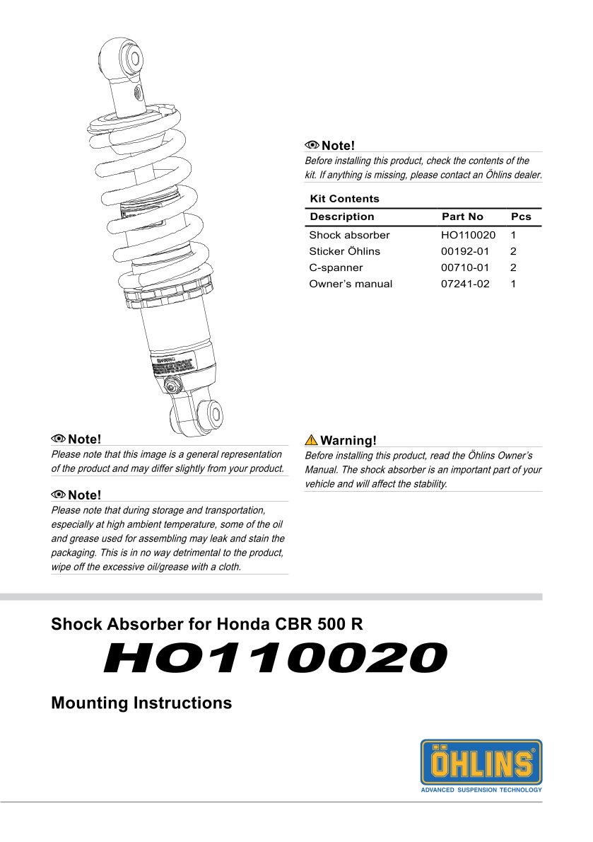 โช๊คหลัง โช๊คแต่ง โช๊คมอเอตร์ไซค์ OHLINS HO110020 FOR HONDA CBR500R/CB500F ของแท้