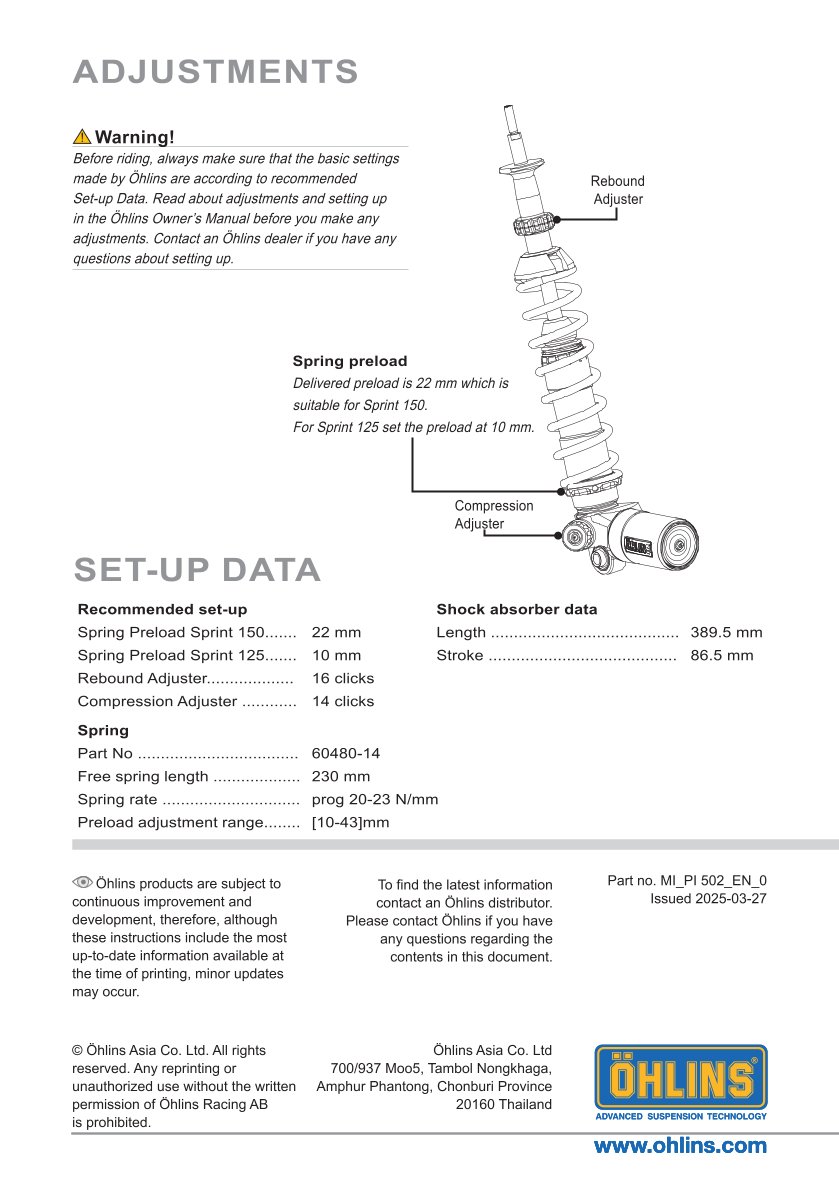โช๊คหลังแต่ง Ohlins PI502 For Vespa Sprint 150 ABS 2017-2025