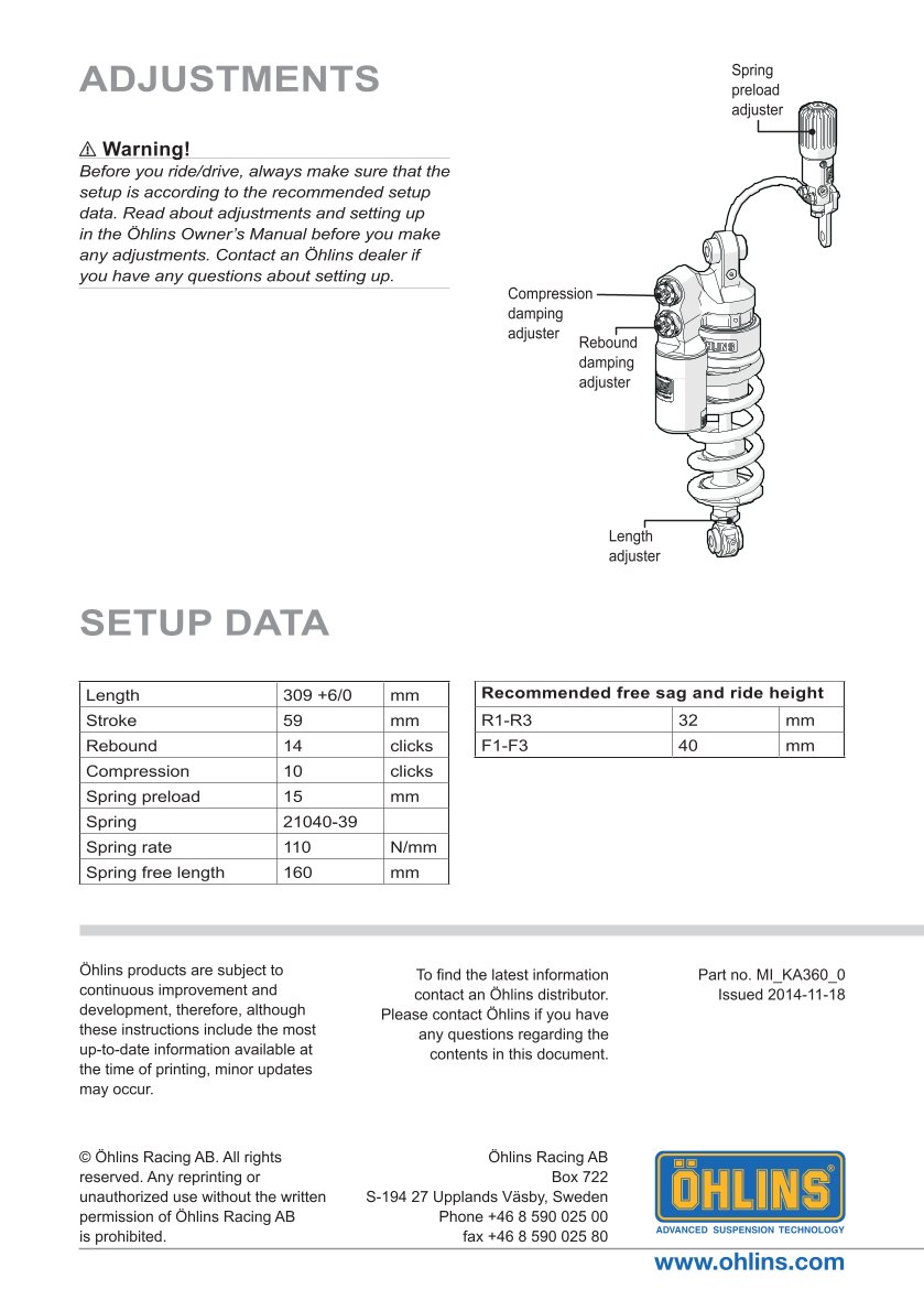 โช๊คหลัง OHLINS Sweden KA360 For Kawasaki ZX-10R 2011-2015