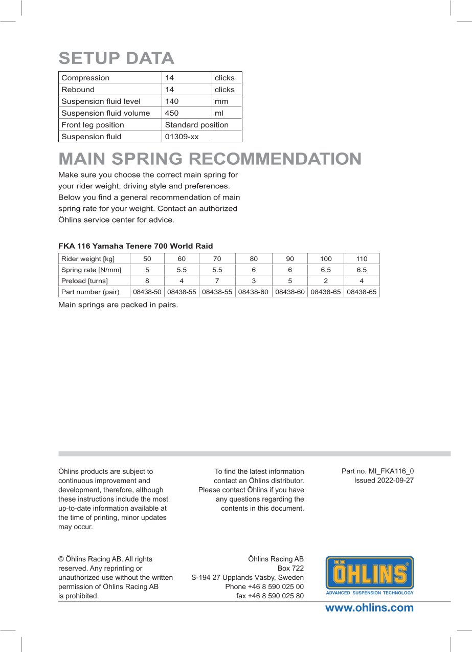 สปริงโช้คหน้า Ohlins FKA116 For Yamaha Ténéré 700 Extreme 2023-2024