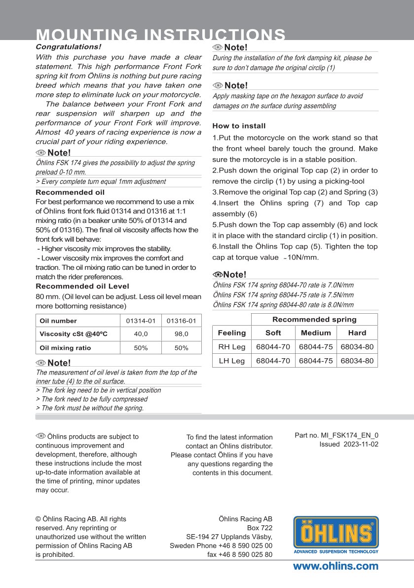 สปริงโช้คหน้า Ohlins FSK174 For Honda Winner-X 2020-2023