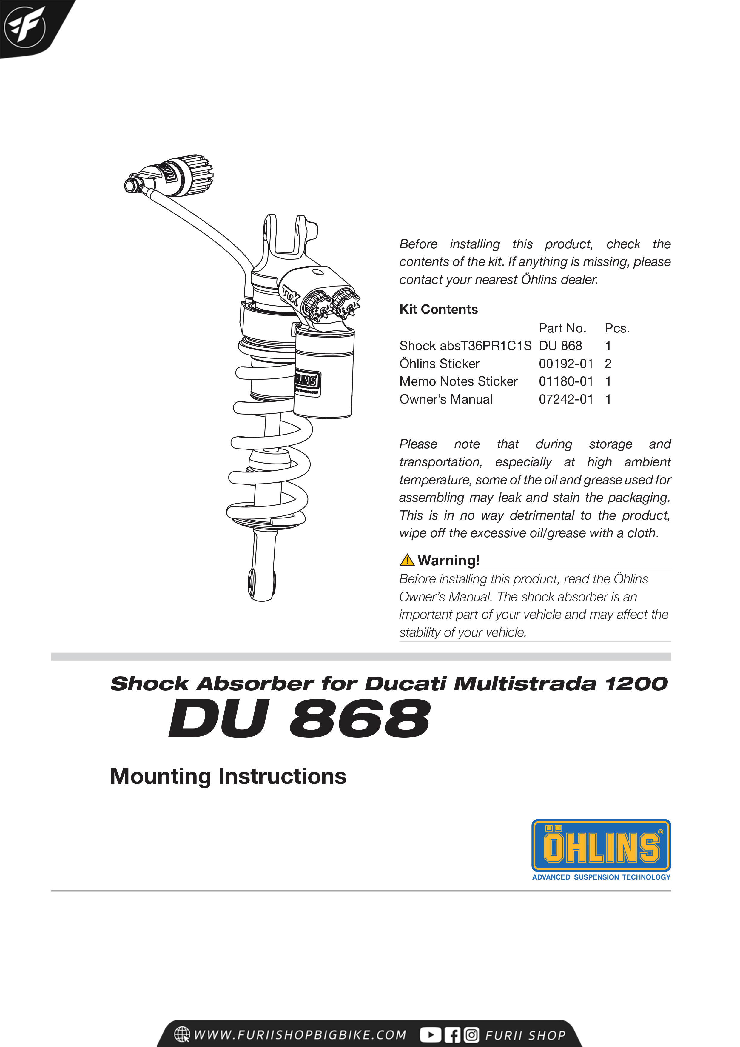 โช๊คหลัง OHLINS Sweden DU868 For Ducati Multistrada 2010-2014