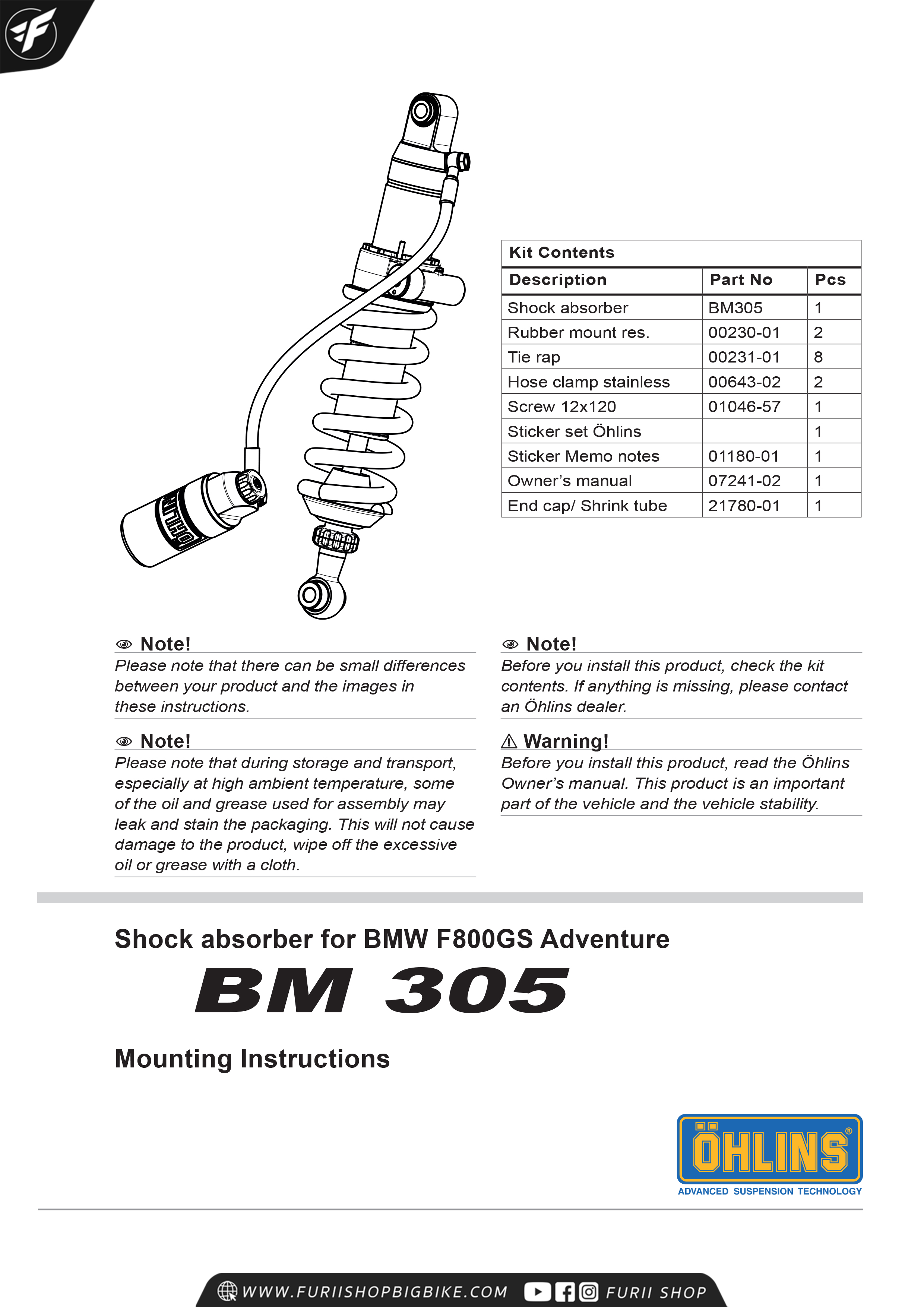 โช๊คหลัง OHLINS Sweden BM305 For BMW F800GS Adventure 2014-2016
