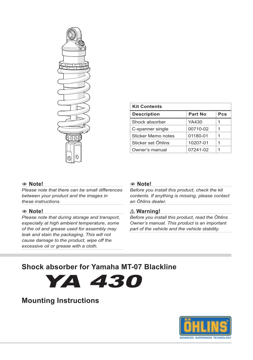 โช๊คหลังแต่ง Ohlins YA430 For Yamaha XSR 700/XTribute ปี 2016-2024