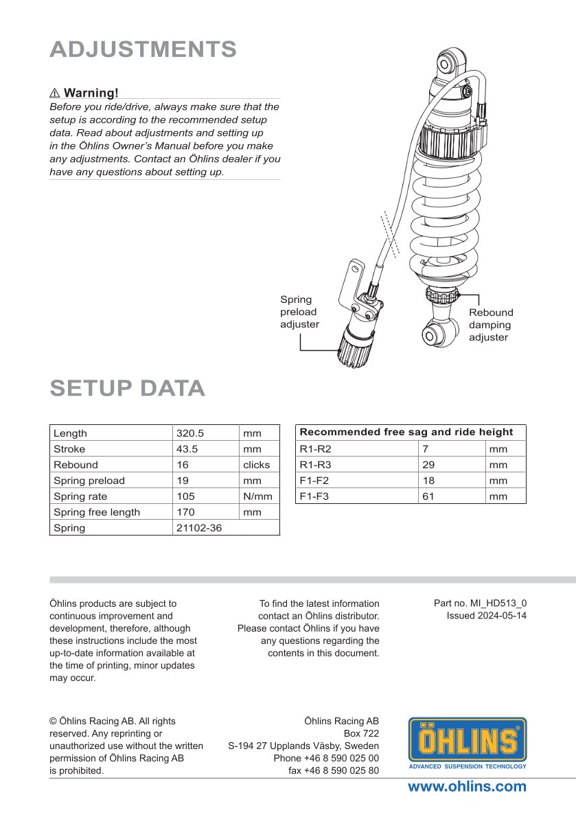 โช๊คหลังแต่ง Ohlins HD513 For Harley-Davidson Softail Breakout ปี 2018-2023