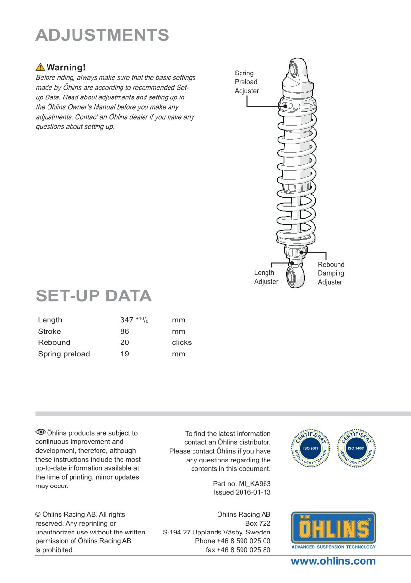 โช๊คหลังแต่ง Ohlins KA963 For Kawasaki Universal ปี All