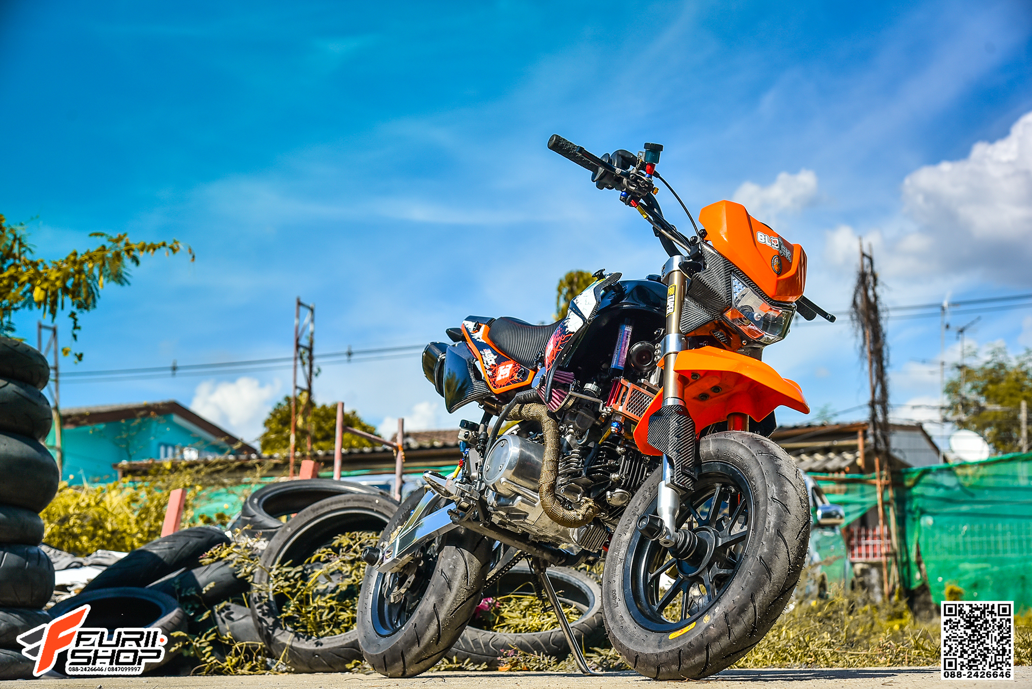 สายHEL KAWASAKI KSR เดินทางเดิม หน้า-หลัง สายCARBON หัวเบนโจสีน้ำเงิน