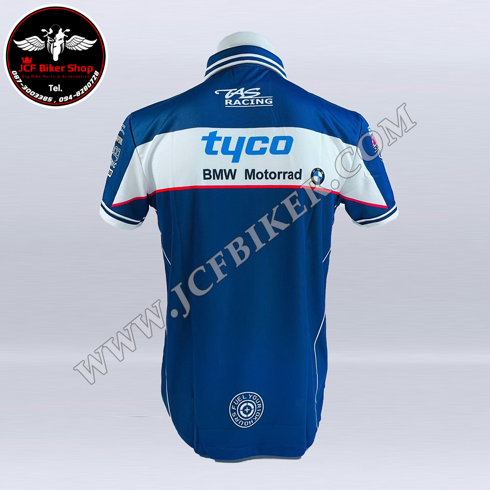 เสื้อโปโล BMW กรมคาดอกขาว JP-0859 ผ้าโพลีเอสเตอร์สแปนดิก มีประสิทธิภาพในการซับเหงื่อสูง แห้งเร็ว
