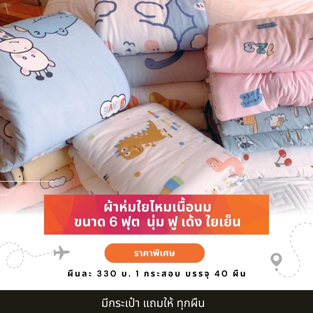 ผ้าห่มใยไหมเนื้อนม ผ้าห่มใยไหมเย็น ใยเย็น นุ่มฟู ผ้าห่มไหมน้ำนม 6 ฟุต 1 กระสอบ 40 ผืน ผืนละ 330 บ. ขายปลีก-ส่ง แถมกระเป๋า