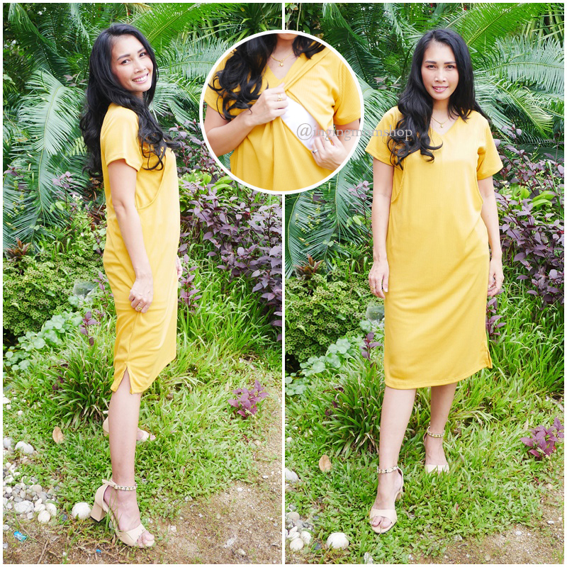 D15_[Size-L-สีเหลือง]_เดรสเปิดให้นมผ้าร่องแขนสั้นคอวีผ่าข้าง+ใส่คลุมท้องได้