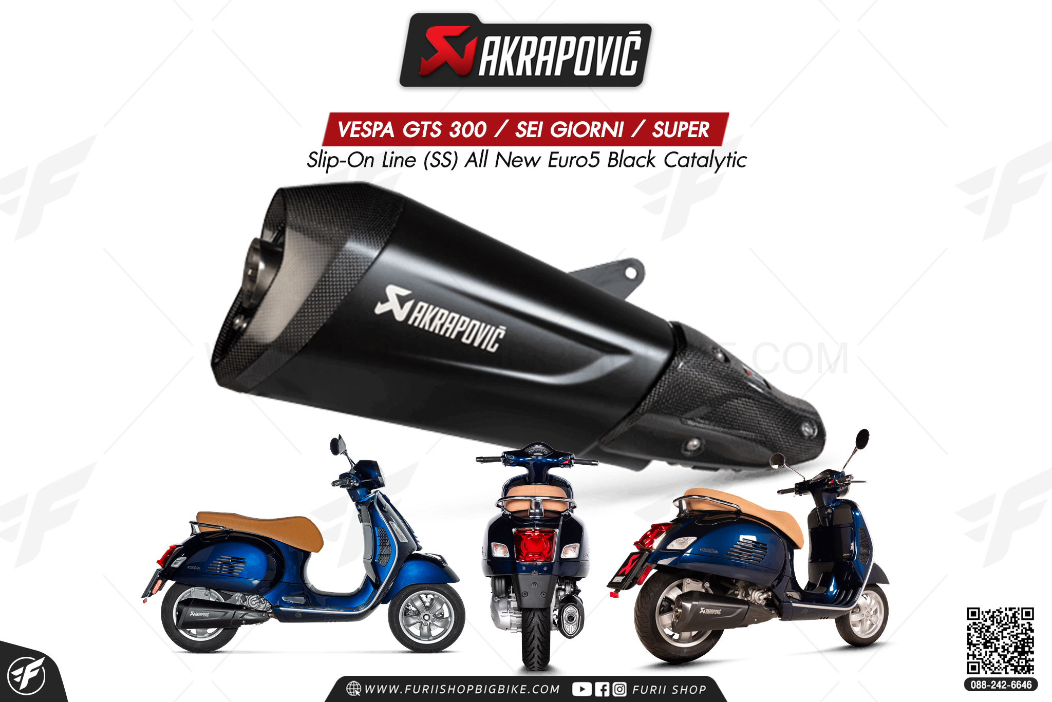 ท่อแต่ง Akrapovic Exhaust Slip-On Line (SS) All New Euro5 Black Catalytic Vespa GTS 300 / SEI GIORNI / SUPER