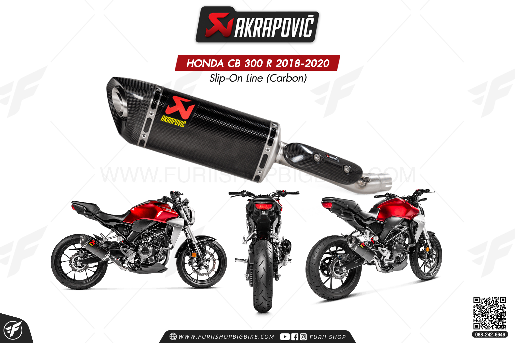 ท่อแต่ง Akrapovic Exhaust Slip-On Line (Carbon) New shape HONDA CB 300 R 2018-2020