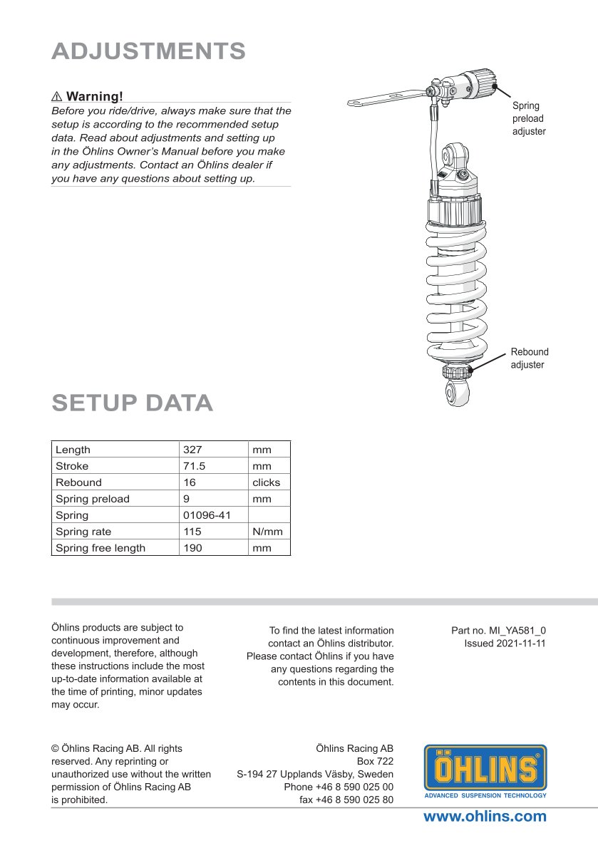 โช๊คหลังแต่ง Ohlins YA581 For Yamaha Tracer 9 ปี 2021-2024