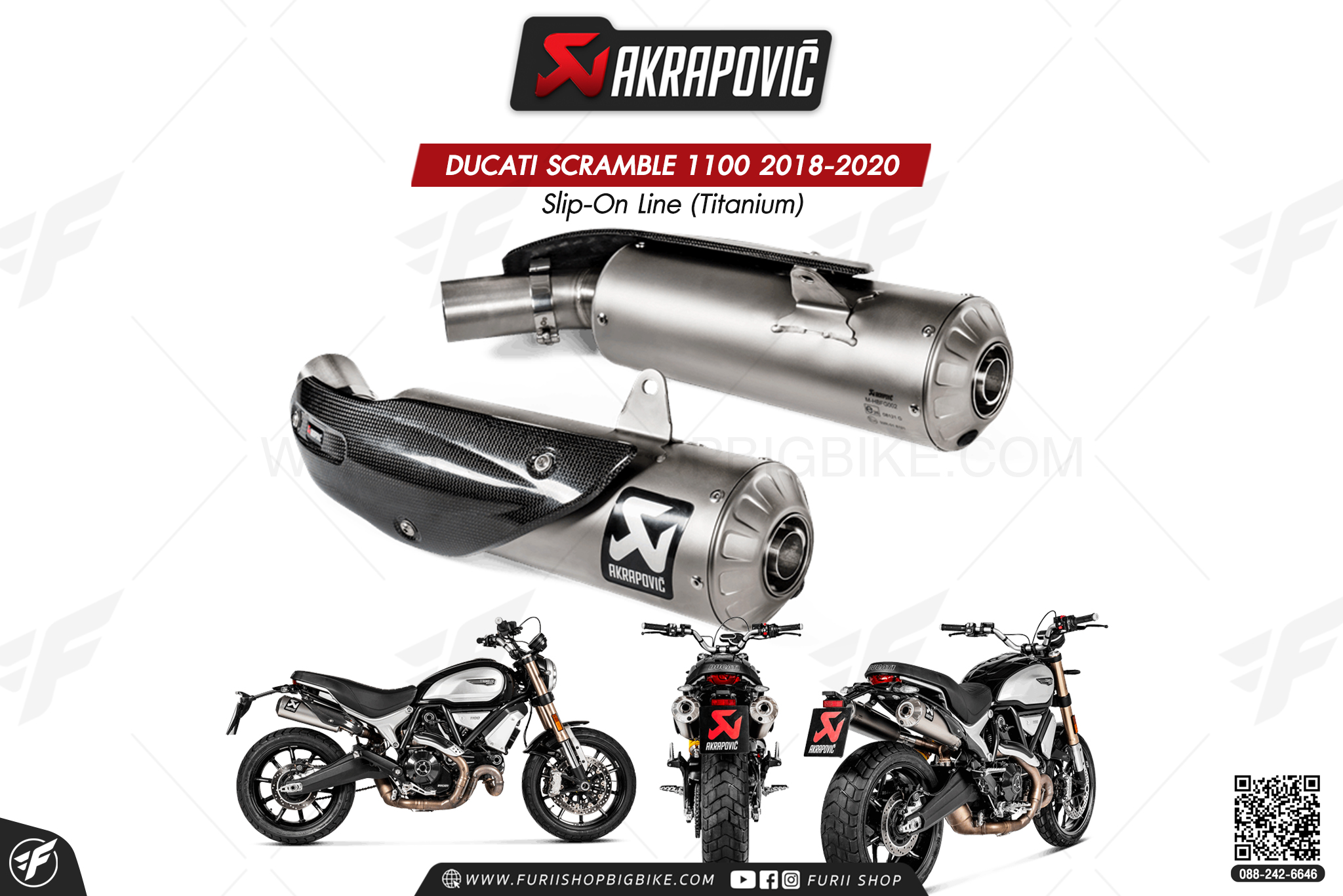 ท่อแต่ง Akrapovic Exhaust Slip-On Line (Titanium) DUCATI Scramble 1100 2018-2020