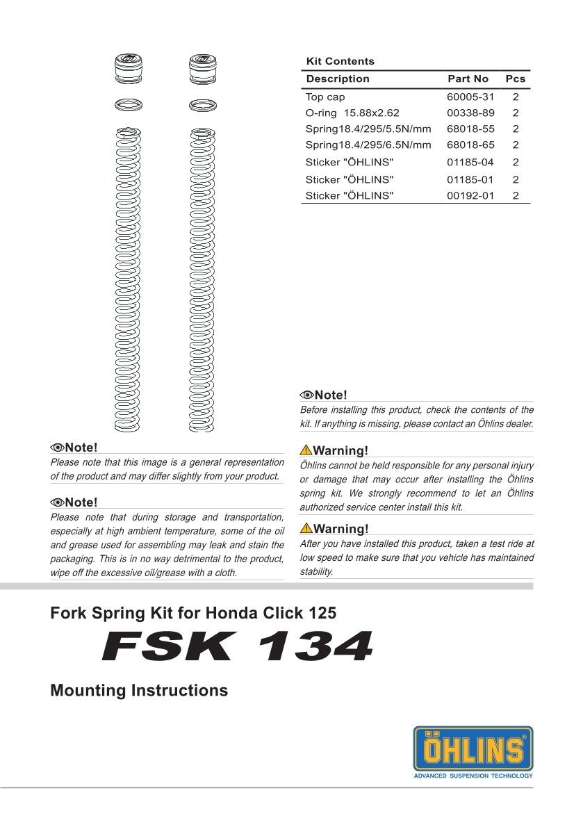 สปริงโช้คหน้า Ohlins FSK134 For Honda Click125i 2015-2020
