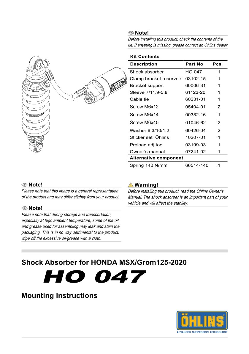 โช๊คหลังแต่ง Ohlins HO047 For Honda MSX125 (USA-GROM RR '22-) ปี 2021-2023