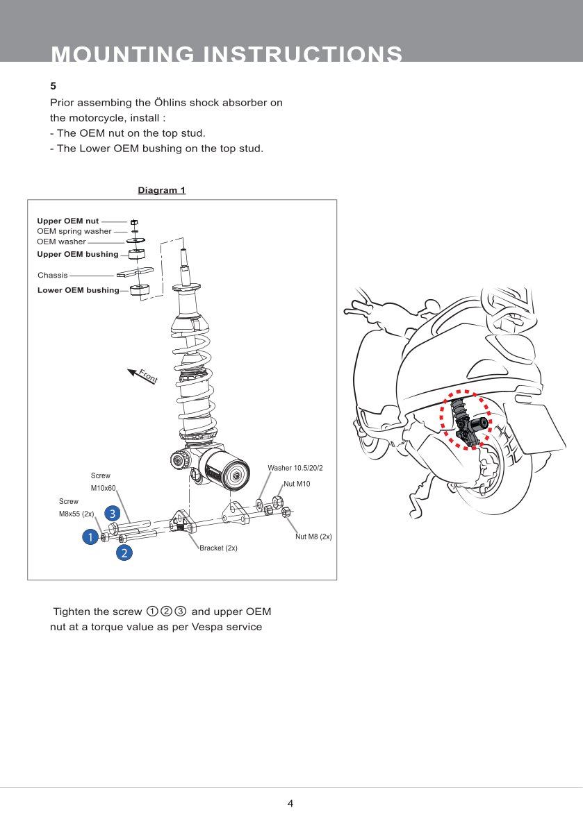 โช๊คหลังแต่ง Ohlins PI302 For Vespa S125/LX125 ปี 2022-2023