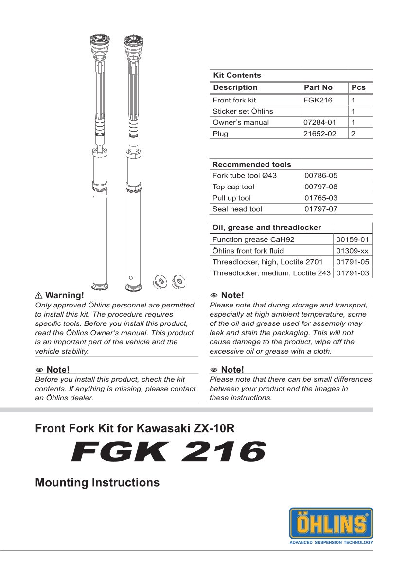 สปริงโช้คหน้า Ohlins FGK216 For Kawasaki ZX-10R 2011-2015