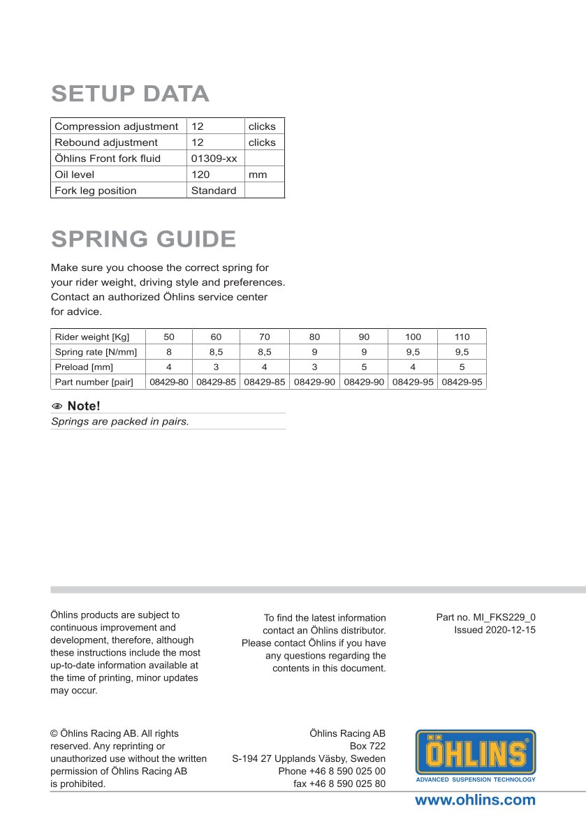 สปริงโช้คหน้า Ohlins FKS229 For Yamaha Tracer 7 GT 2021-2024