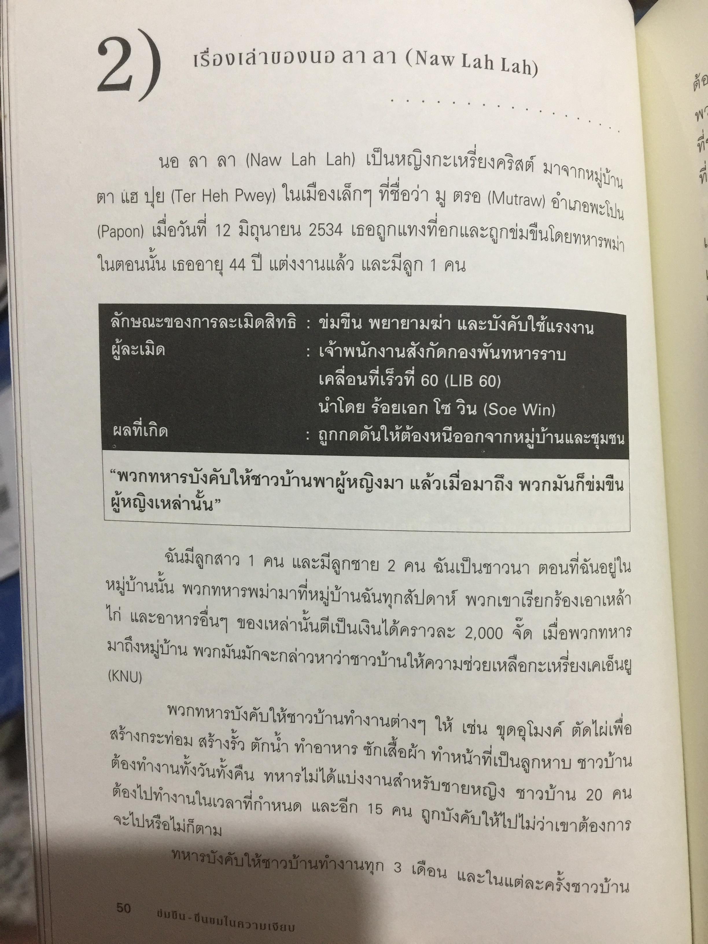 ข่มขืน-ขื่นขม ในความเงียบ. SHATTERING SILENCES. เรื่องเล่าของผู้หญิงกระเหรี่ยงกับเรื่องราวทหารพม่าและสงครามประชาชนในรัฐกระเหรี่ยง. จัดทำโดย องค์กรผู้หญิงกระเหรี่ยง 700 กรัม