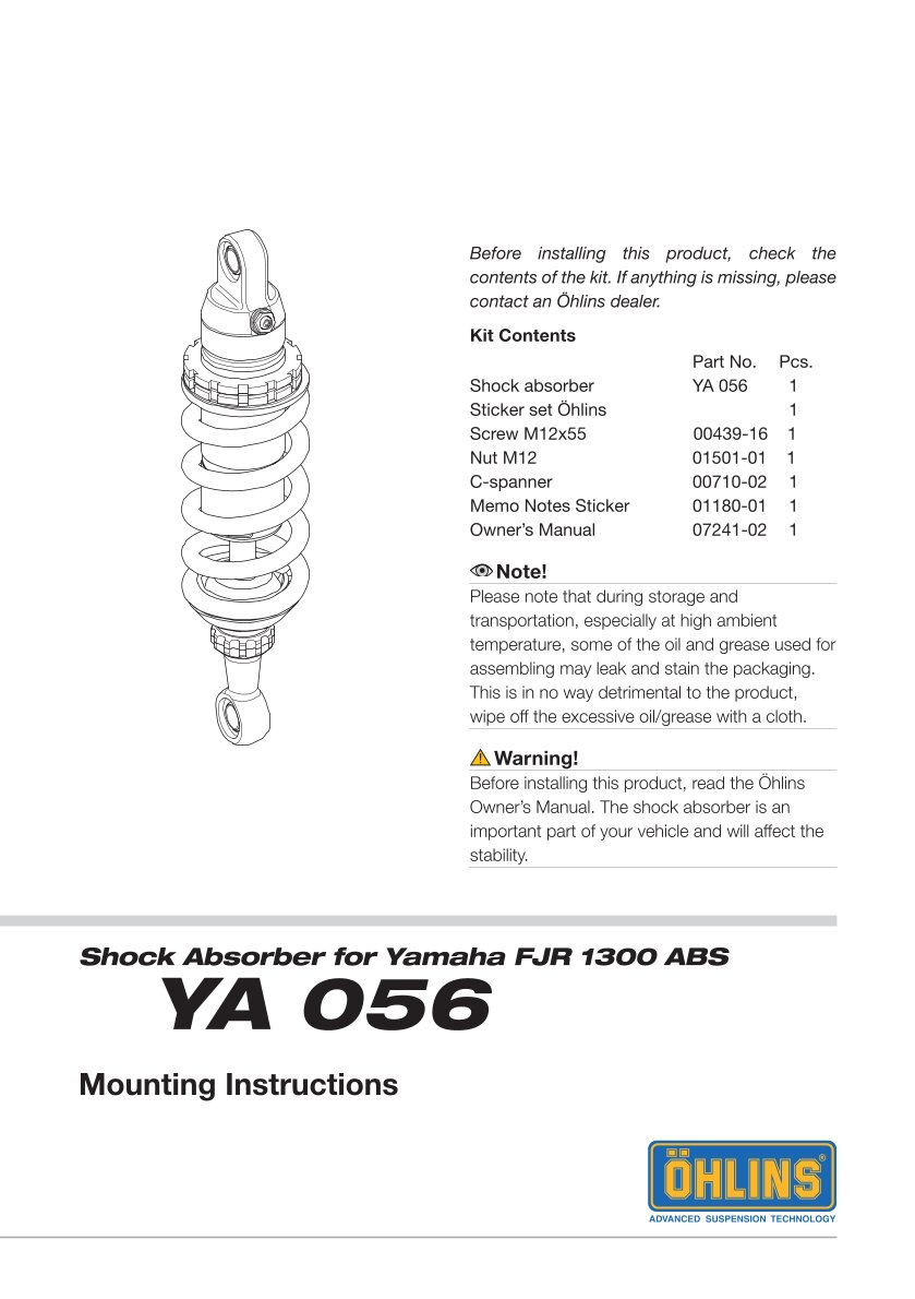โช๊คหลังแต่ง Ohlins YA056 For Yamaha FJR 1300 ปี 2001-2005