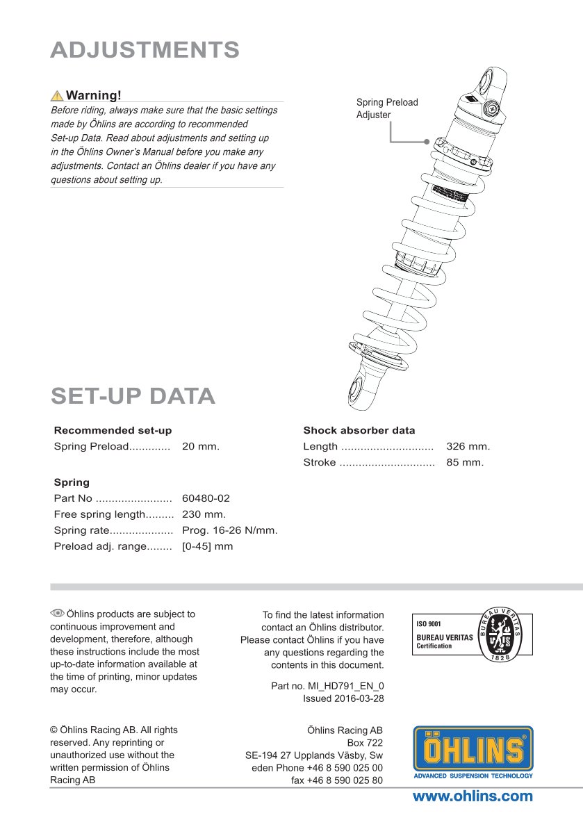 โช๊คหลังแต่ง Ohlins HD791 For Harley-Davidson Street 500 ปี 2015-2018