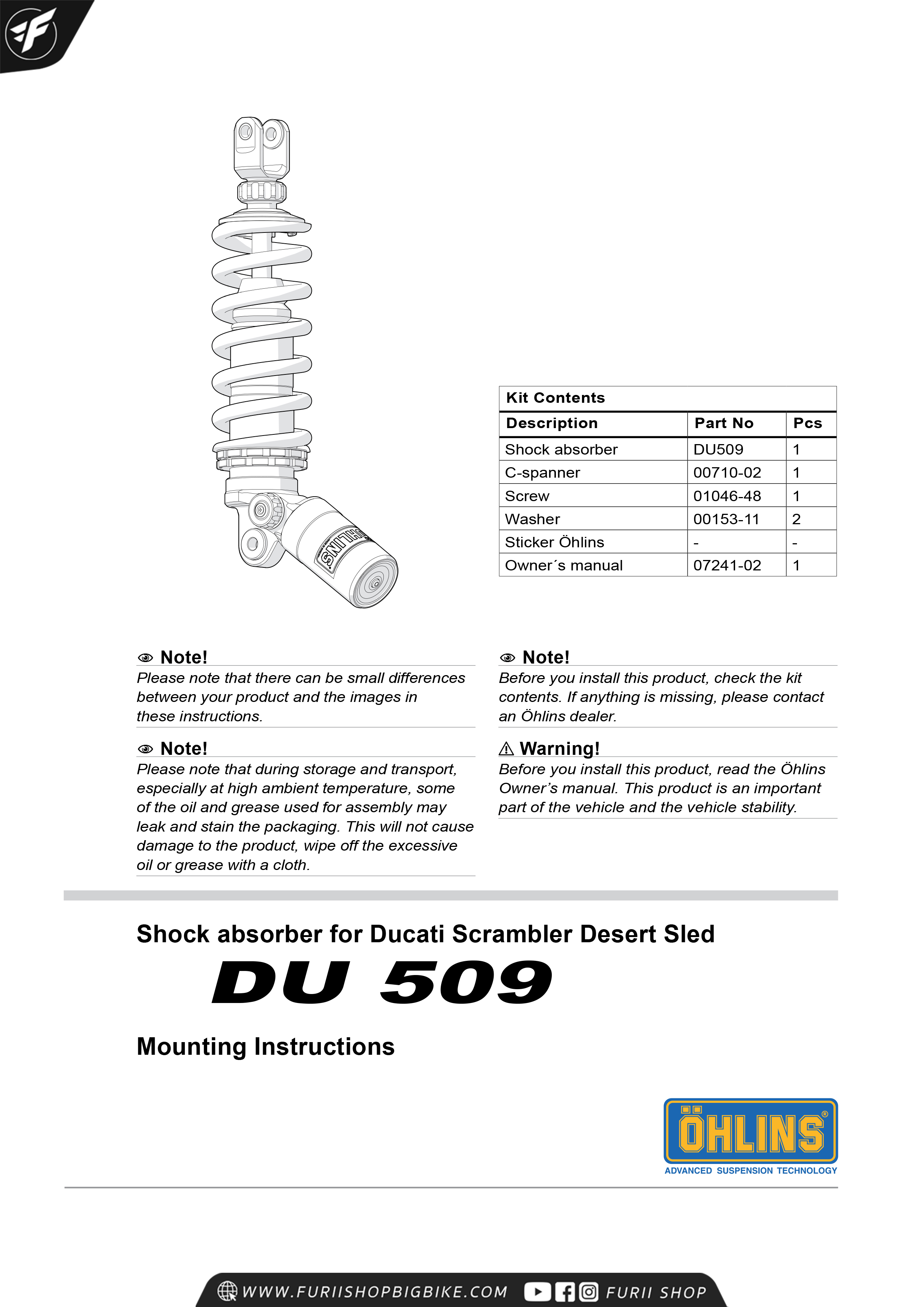 โช๊คหลัง OHLINS Sweden DU509 For Ducati Scramble Desert Sled 2017