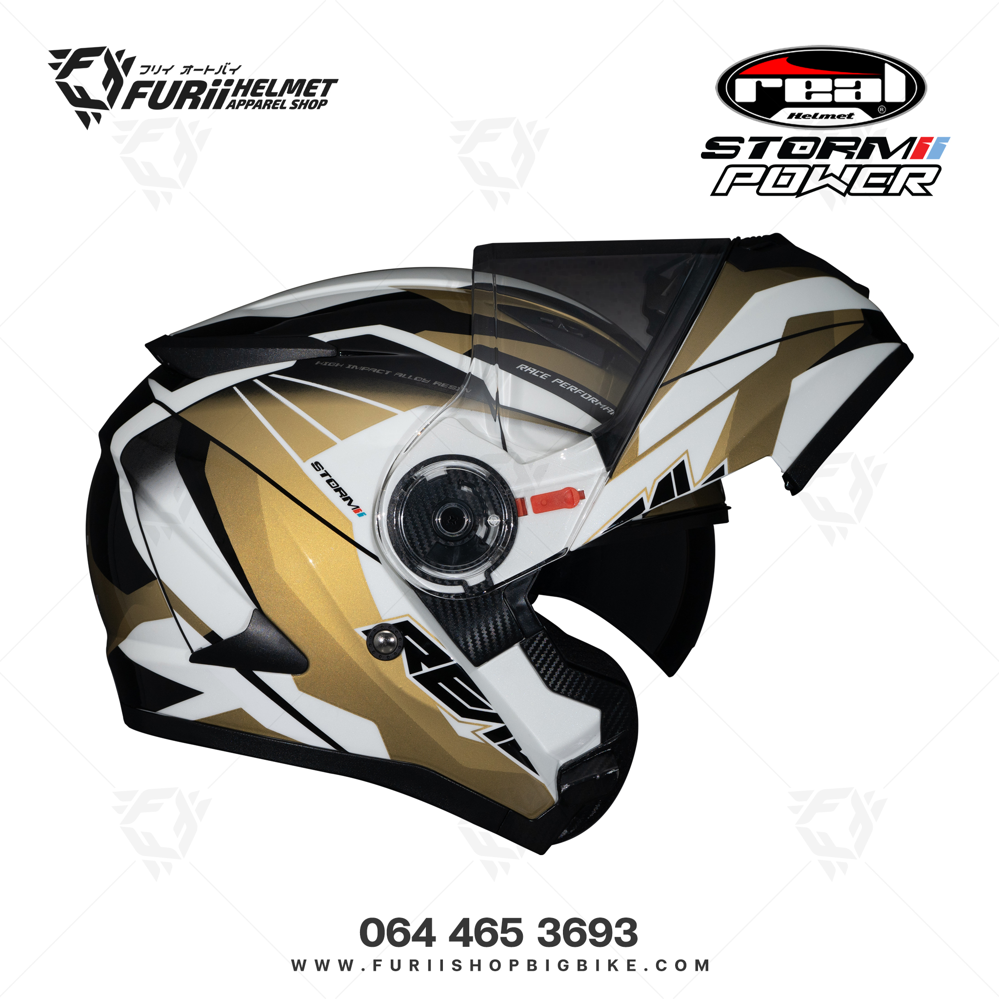 หมวกกันน็อคเต็มใบ Real : Storm Power ขาว-ทอง