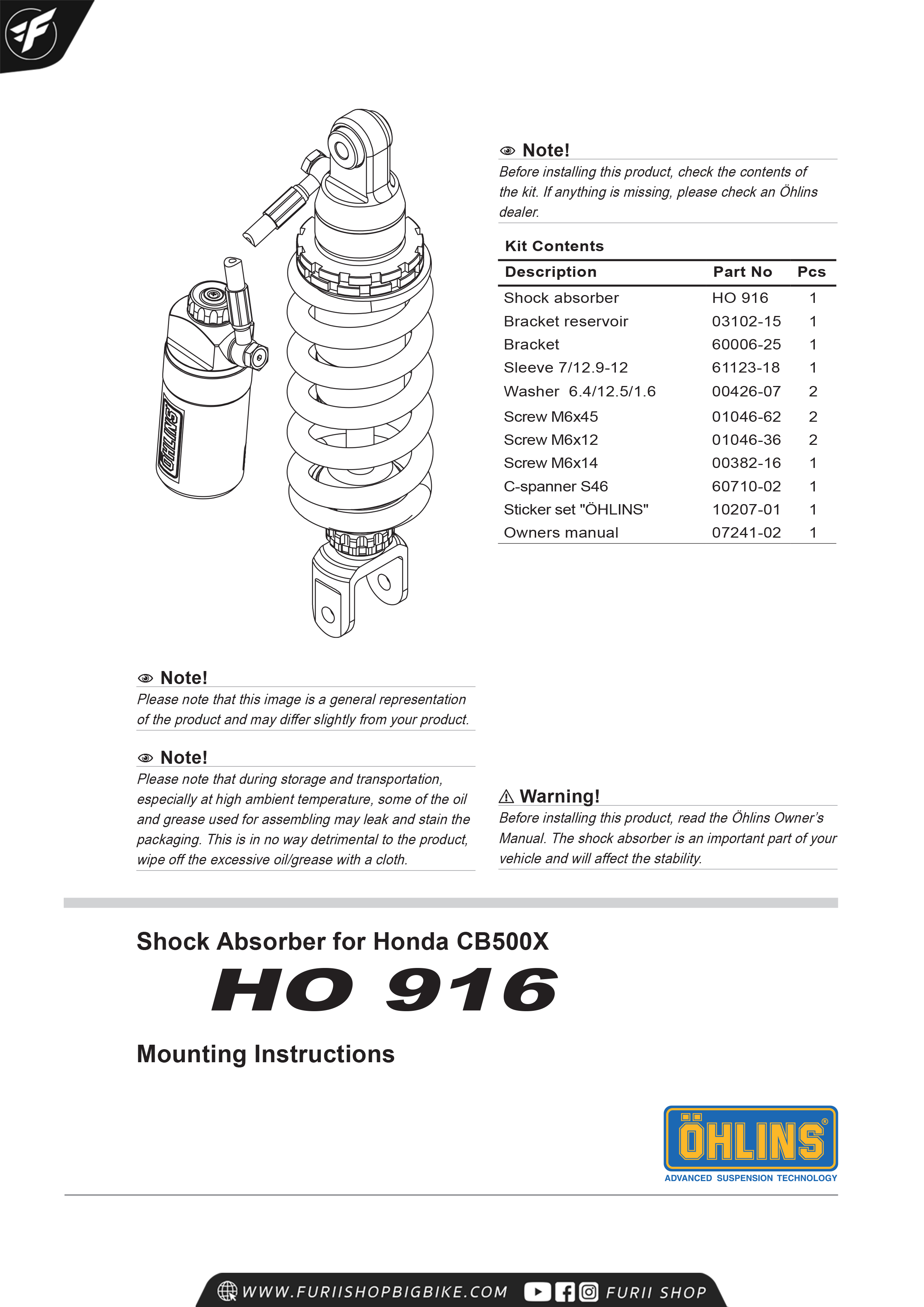 โช๊คหลัง OHLINS HO916 FOR Honda CB500X 2019 โช๊ค โช๊คแต่ง โช๊คมอเอตร์ไซค์