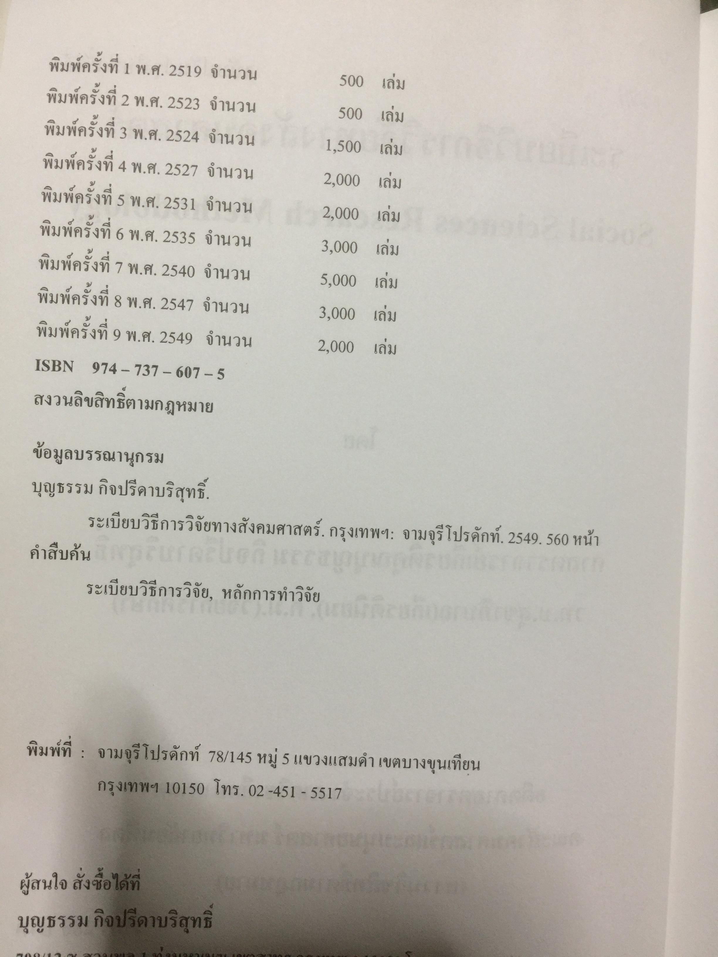 ระเบียบวิธีการวิจัยทางสังคมศาสตร์. Social Sciences Research Methodology. ผู้เขียน บุญธรรม กิจปรีดาบริสุทธิ์ 2,500 กรัม