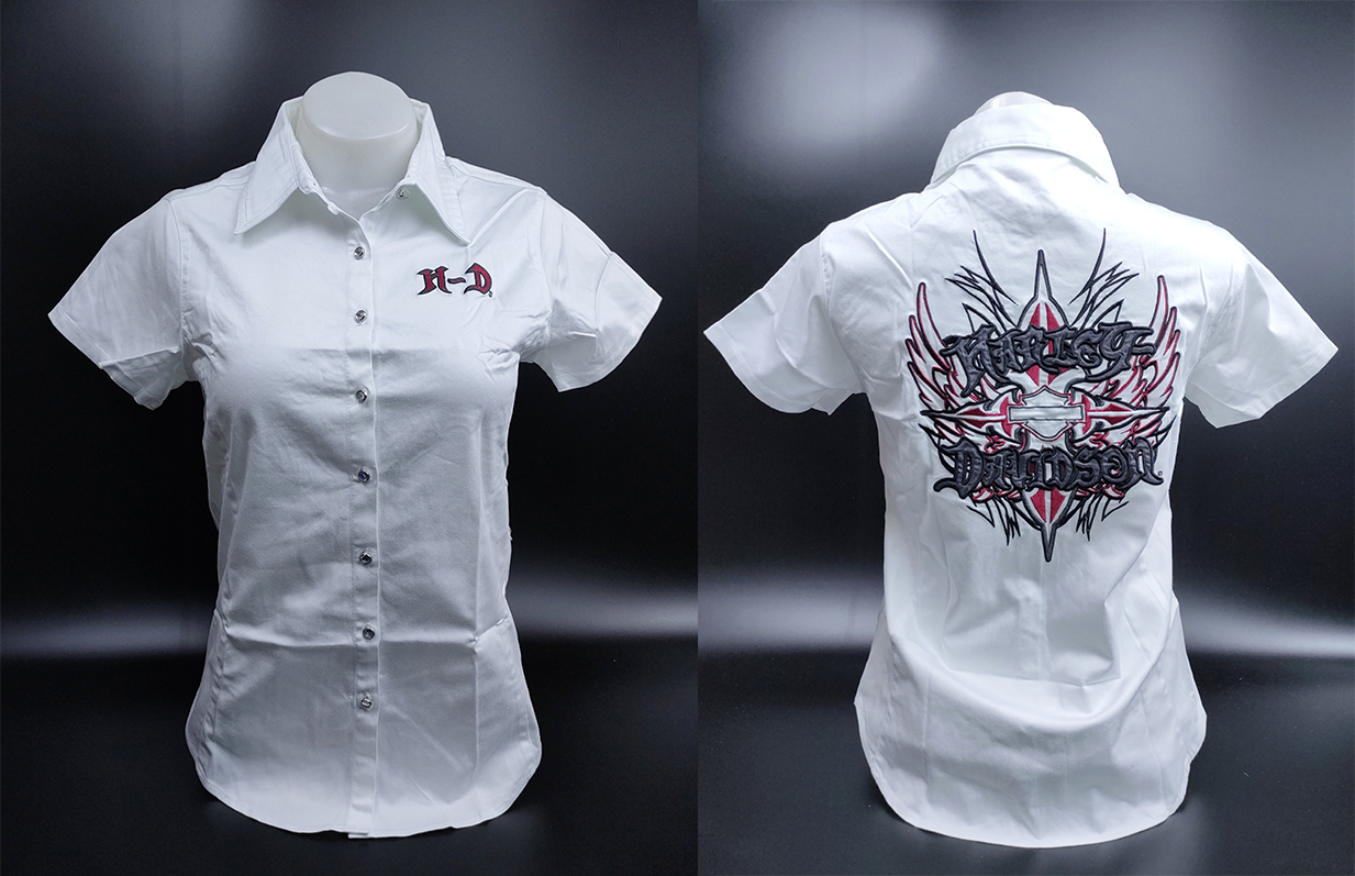 เสื้อ Shirt H-D Woman แขนสั้น ปักลาย ตัวหนังสือปีกดำแดง ไซส์ S
