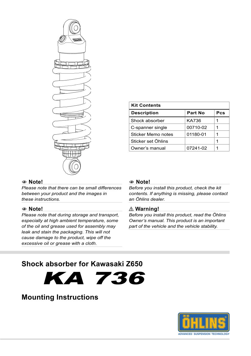 โช๊คหลังแต่ง Ohlins KA736 For Kawasaki Ninja 650 (EX650) ปี 2017-2024