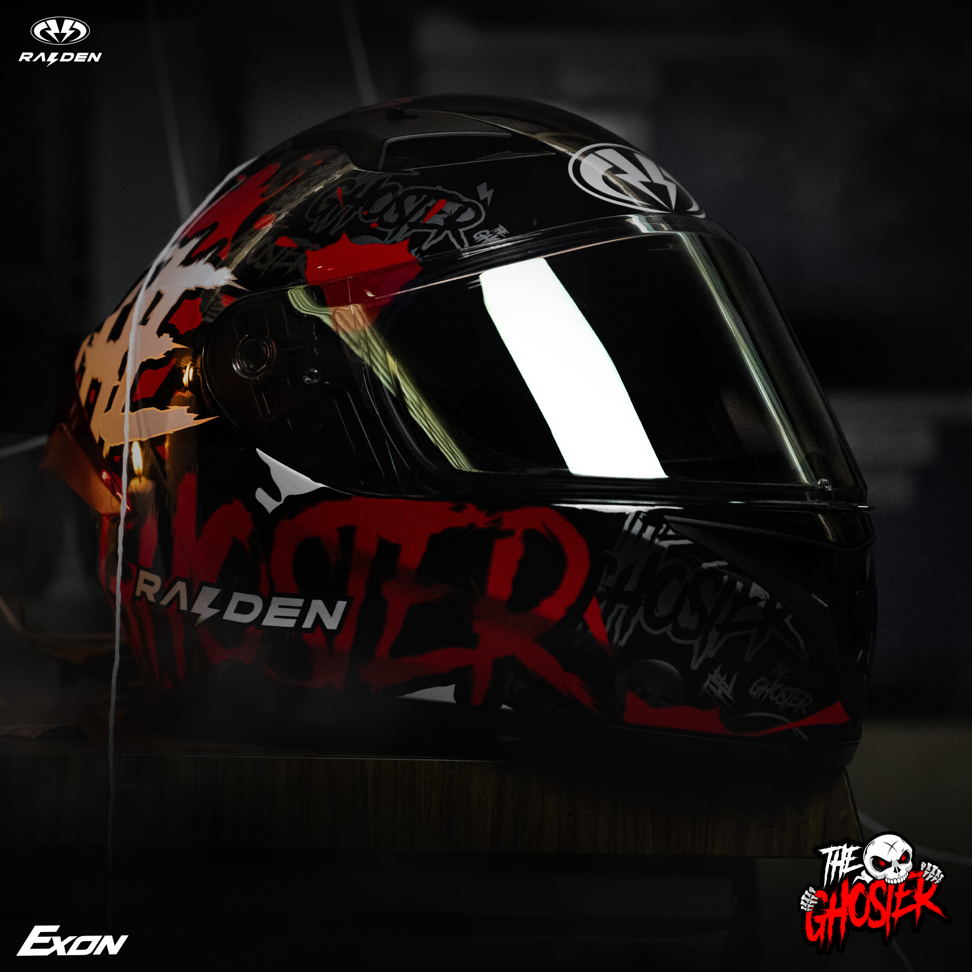 หมวกกันน็อคเต็มใบ RAIDEN รุ่น EXON ลาย THE GHOSTER รองรับการติดตั้ง Bluetooth สปอยเลอร์หลังดีไซน์โฉบเฉี่ยวทันสมัย