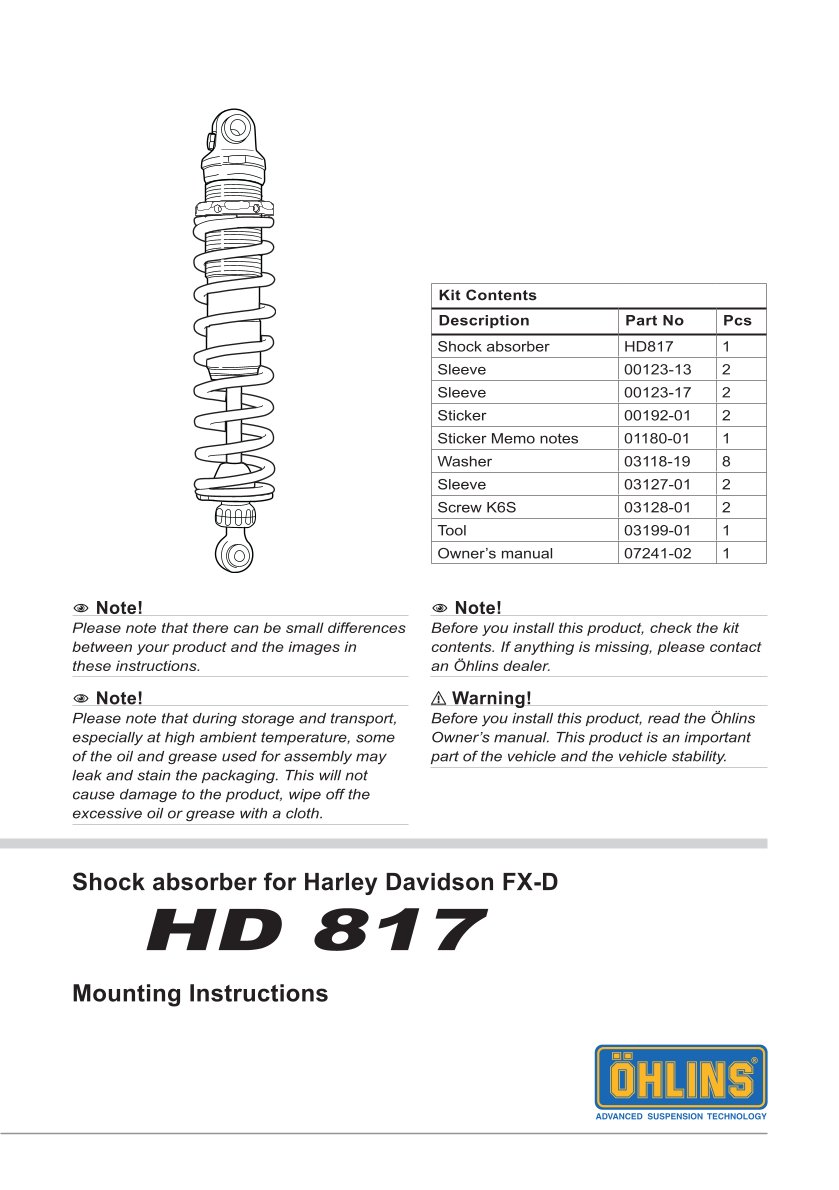 โช๊คหลังแต่ง Ohlins HD817 For Harley-Davidson Dyna FXD ปี 1991-2017