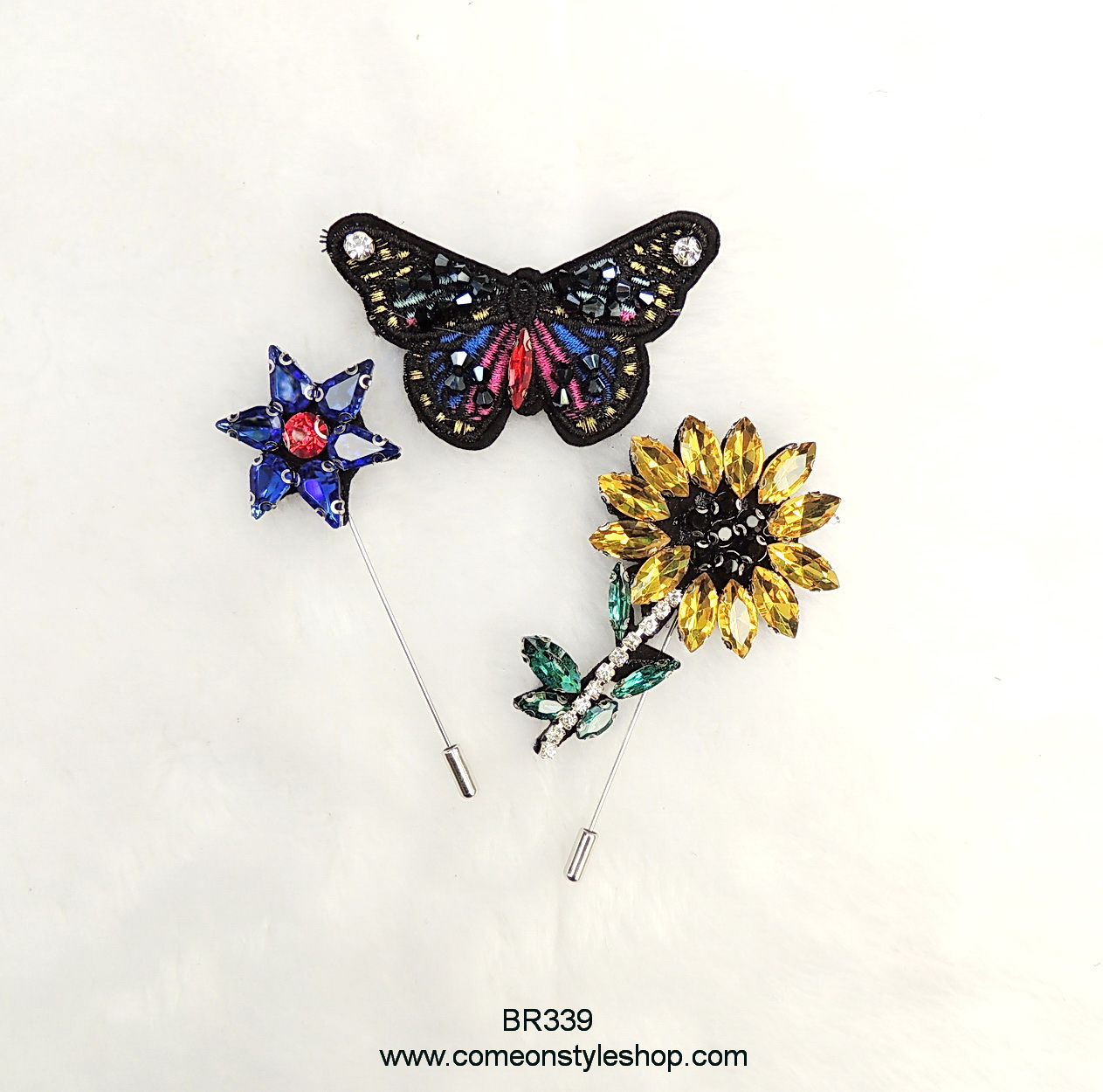 เซตเข็มกลัด เซตพินติดเสื้อ กระเป๋า หมวก ปักเลื่อม งานคุณภาพ 3 ชิ้น Pin Brooch collection set made with good quality BR338