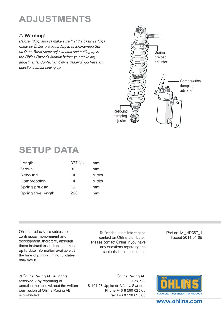 โช๊คหลังแต่ง Ohlins HD357 For Harley-Davidson FLH/FLT Touring ปี 1998-2013