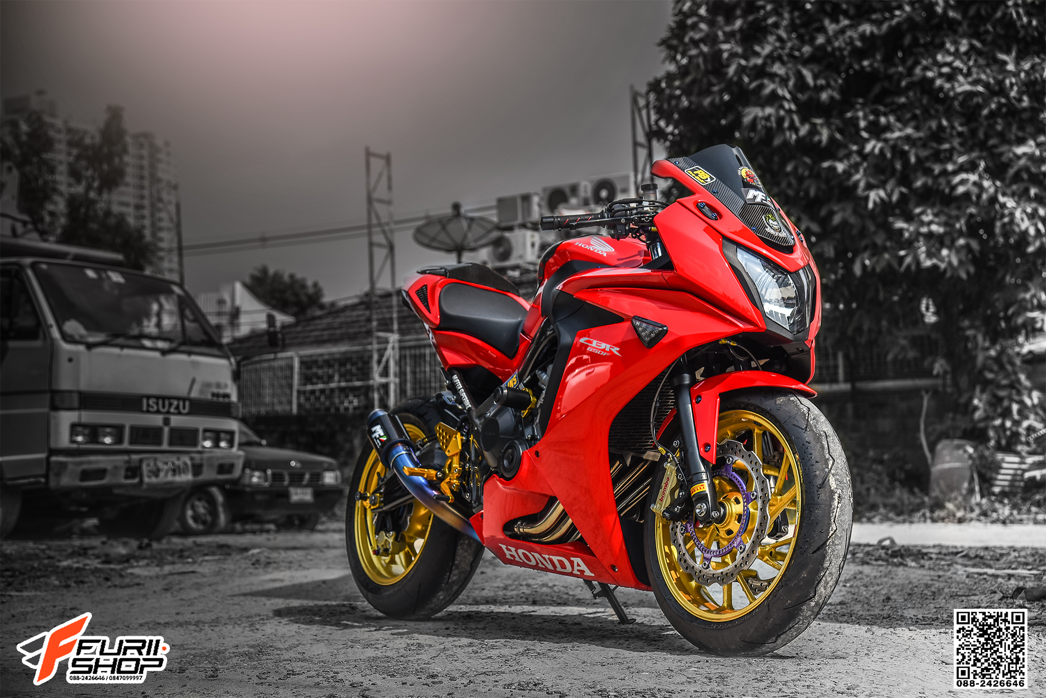 สายHEL HONDA CBR650F เดิน3ทาง หน้า-หลัง สายCARBON หัวเบนโจสีม่วง